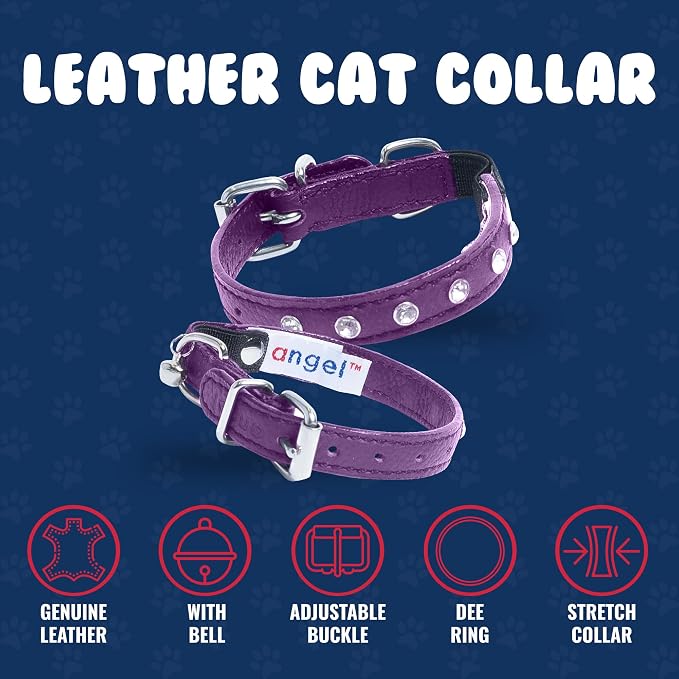 Athens Cat Collar, Leather Kitten Collar w/Rhinestones, Sturdy Breakaway Cat Collar with Bell & Elastic Stretch, bCat Accessories, Orchid Purple, 10 x ½ inches - Angel Pet Supplies