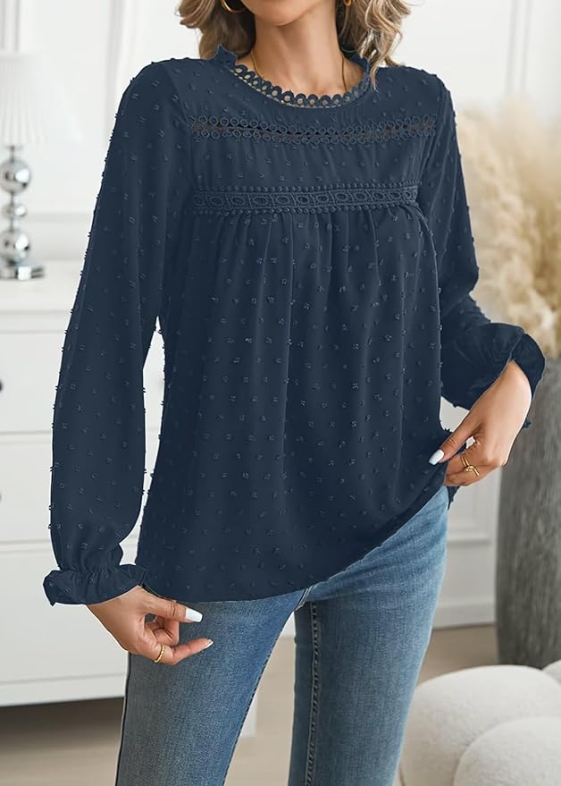 Womens Boho Tops Long Sleeve Shirts For Women Cute Crewneck Blouse Dressy Casual Swiss Dot Crochet Hollow Top 2026