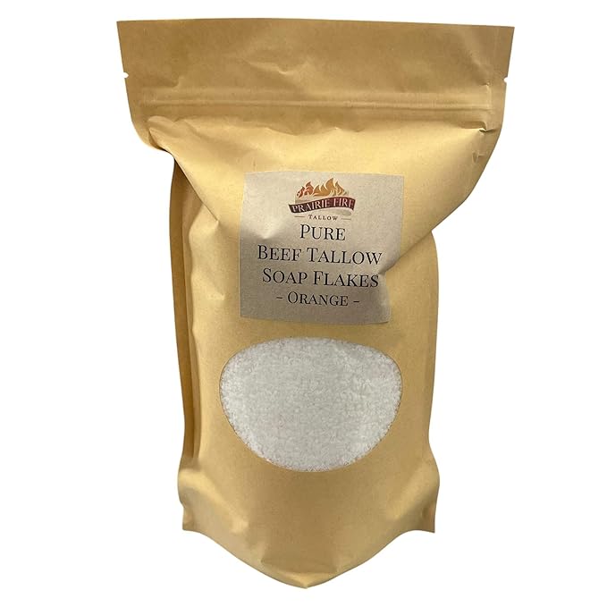 Pure Beef Tallow Soap Flakes - Made in USA - Grass Fed and Finished - Face, Body and Hair - Natural and Organic Orange