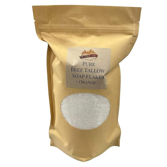 Pure Beef Tallow Soap Flakes - Made in USA - Grass Fed and Finished - Face, Body and Hair - Natural and Organic Orange