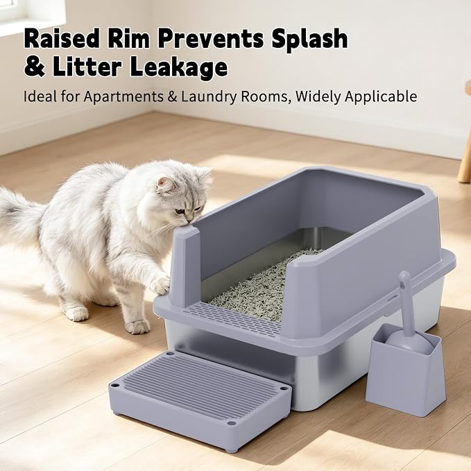 RIZZARI Open Cat Litter Box: Stainless, High Sided, Easy Clean | Spacious for Large Cats / 304 Stainless Anti-Odor / 6.5" Splash Guard / Leak-Proof Seams / Apartments & Laundry
