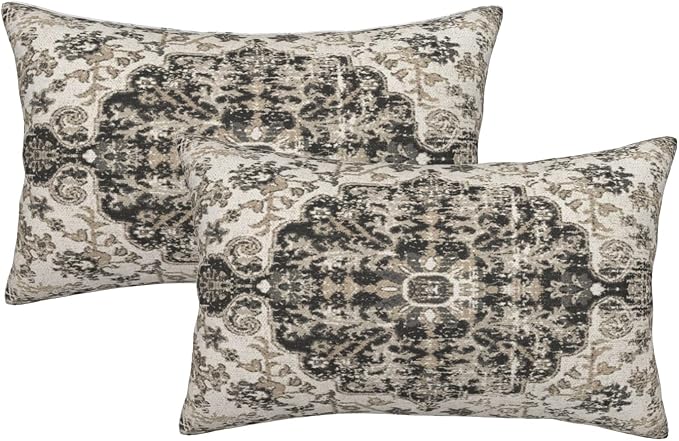 Boho Pillow Covers 12x20 Inch Set of 2,Carpet Pattern Throw Pillows Case,Black White Grey Ethnic Design Outdoor Decorative Lumbar Linen Farmhouse Decor Cushion Covers for Home Sofa Bed Couch