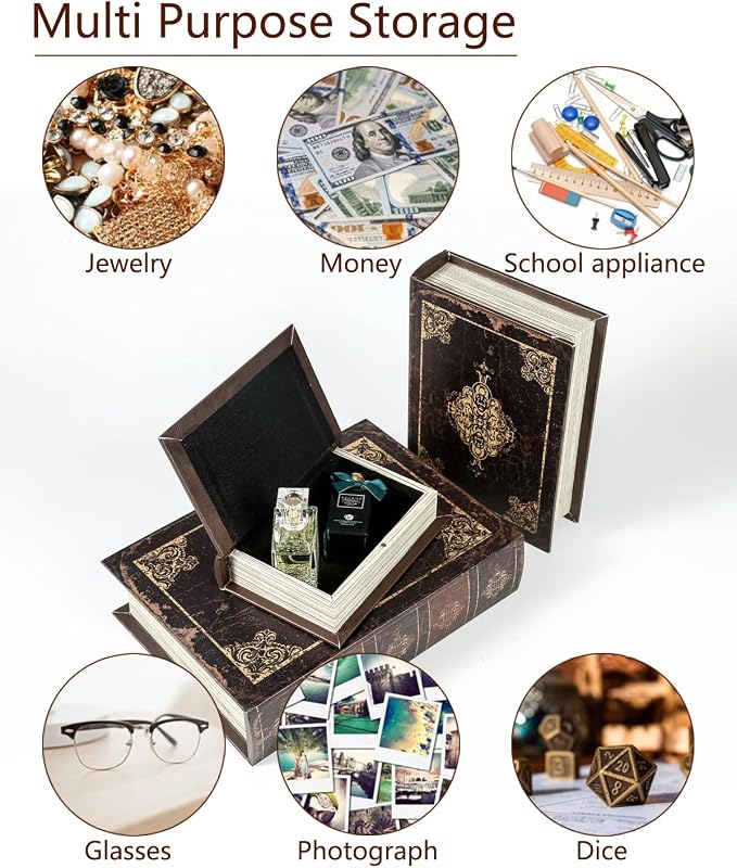 Wooden Book Box Set of 3 with Magnetic Closure and Vintage Leather Cover Design, Non-Woven Fabric Interior, Decorative Secret Storage for Bookshelves and Home Office