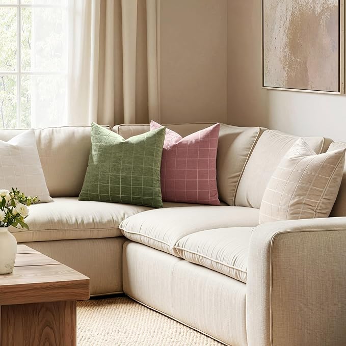 MIULEE Sage Green Plaid Decorative Throw Pillow Covers 18x18 Set of 2 | Vintage, Check Chenille Couch Pillows, Neutral Boho Farmhouse Cushion Covers, Modern Home Decor for Sofa Bed Living Room