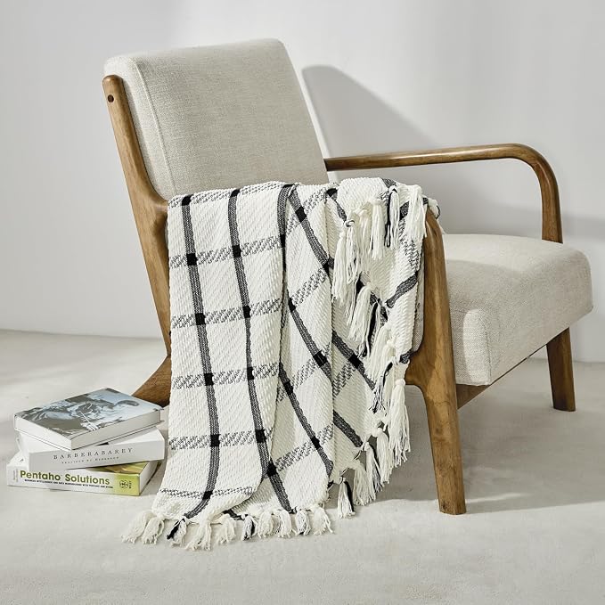 CREVENT 60"X80" Farmhouse Breathable Soft and Warm Chenille Plaid Throw Blanket for Sofa Couch Bed, Home Decoration Throw with Tassles (Black & White)
