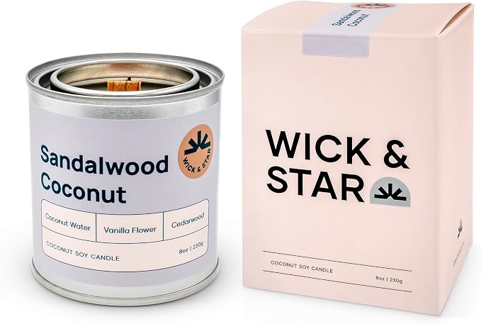 Wick & Star Vegan, Wood Wick, Natural Coconut Soy Wax Aromatherapy Candle, Clean Burning (Sandalwood Coconut)