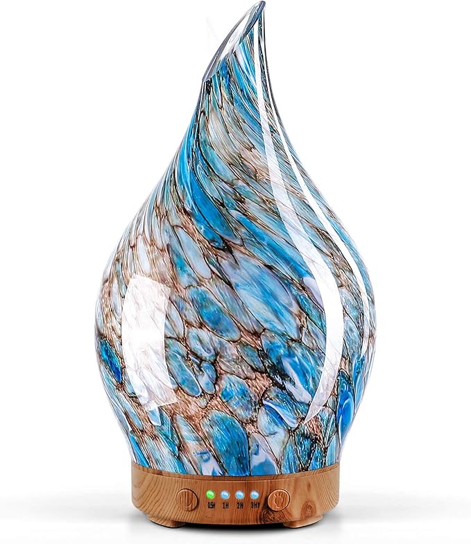 Porseme 150ml Essential Oil Diffuser Hand-Blown Glass Aroma Diffusor, Aromatherapy Unltrasonic Cool Mist deffuser, 7 Color Changing, Waterless Shut-Off, Timer Function for Home Office(Light Blue)