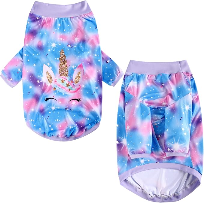 Dog Blue Purple Tiedye T Shirts Shining Unicorn Pattern Printed Pet Shirt Softable Pajamas for Large Dogs (L, Blue)