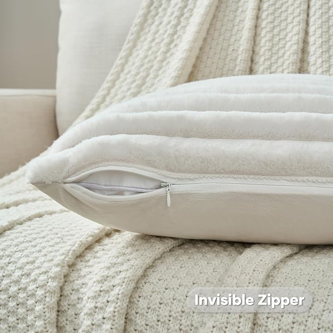 FUTEI Pack of 2 Faux Fur Throw Pillow Covers 12x20 Inch, Cream White | Fluffy Faux Rabbit Fur Front/Premium Velvet Back,Hidden Zipper,Machine Washable,Non-Shedding,Colorfast,Insert Not Included.