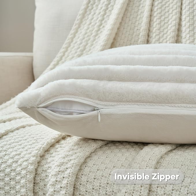 FUTEI Pack of 2 Faux Fur Throw Pillow Covers 22x22 Inch, Cream White | Fluffy Faux Rabbit Fur Front/Premium Velvet Back,Hidden Zipper,Machine Washable,Non-Shedding,Colorfast,Insert Not Included.
