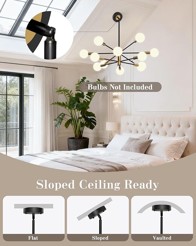 Modern Chandelier, 12-Light Sputnik Ceiling Light Fixture, Mid Century Height Adjustable Sputnik Chandeliers for Dining Room, Kitchen Island, Living Room, Bedroom - Black and Gold
