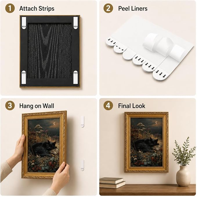Framed Black Cat Canvas Wall Art,Vintage Animal Picture Wall Decor24x16in | Gothic Botanical Cottagecore Cat Art,Dark Academia For Bedroom, Living Room, Office Or Gallery Wall