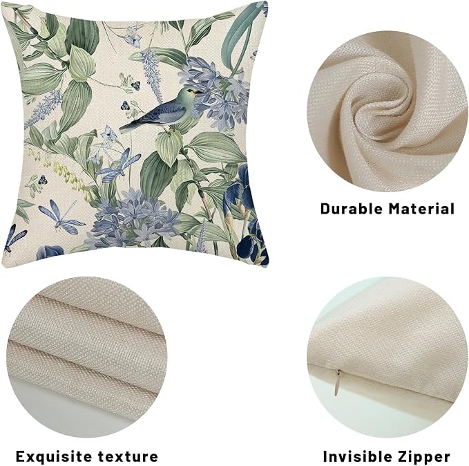 Chinoiserie Pillow Covers 18x18 Set of 2 Blue Green Floral Bird Pillow Cases Vintage Flower Seasonal Outdoor Throw Pillows Linen Farmhouse Chinoiserie Decorative Cushion Case for Couch Sofa