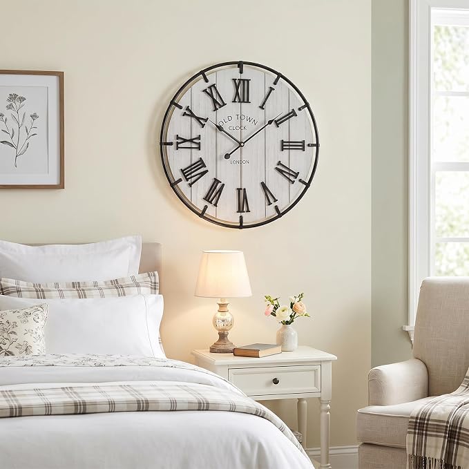 EMAX HOME Large 20 Inch Farmhouse Wall Clock, Distressed White Wood Grain Dial with Heavy Duty Black Metal Frame, Silent Non-Ticking Sweep Movement for Living Room, Bedroom, Kitchen or Entryway