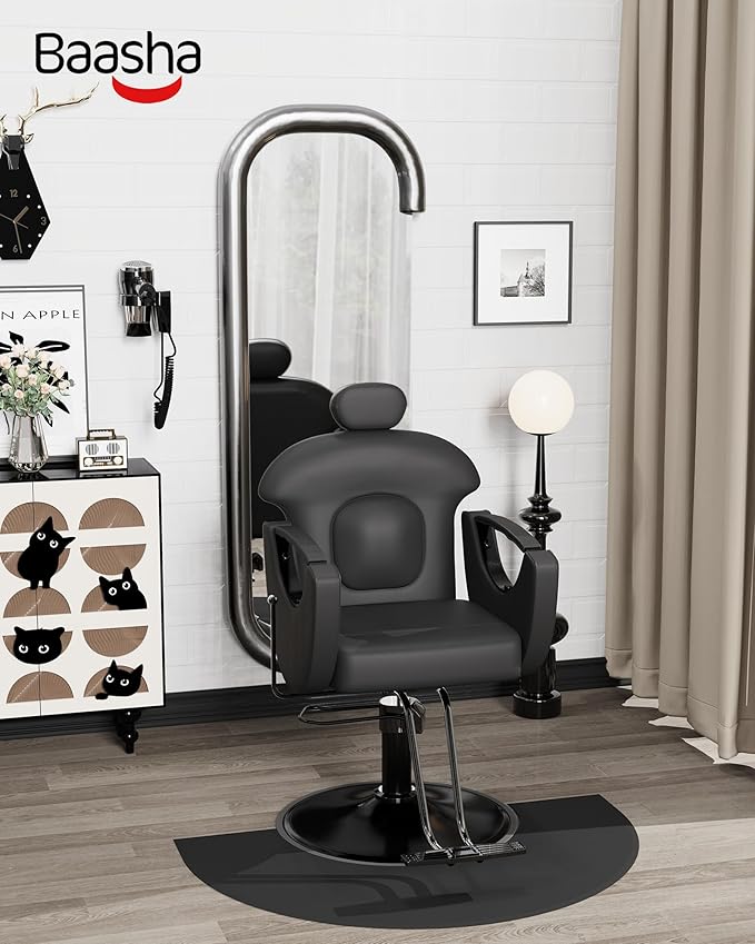 Baasha Ergonomic Reclining Salon Chair with Adjustable & Removable Headrest, All Black Hydraulic Styling Chair, Soft PU Leather, 135° Recline, 360° Swivel, Heavy-Duty Steel Frame, 330 lbs Capacity