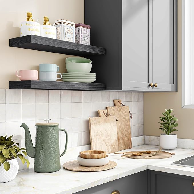 Fixwal Floating Shelves for Wall Decor (Black, Set of 2, 15.7 Inch) | MDF Shelves with Metal Brackets, Space Saving for Books, Decor, Works in Bathroom, Kitchen, Living Room, Bedroom