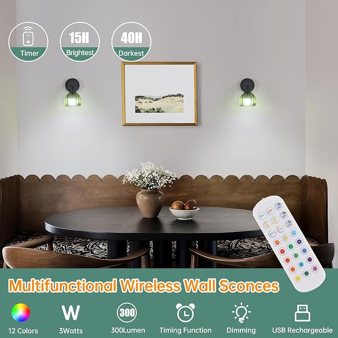 Shenmoyl Vintage Battery Operated Wall Sconce with Green Tulip Glass Lampshade Rechargeable Battery Powered Black Wall Light with Remote Control for Bedside Bedroom Doorway, Set of 2
