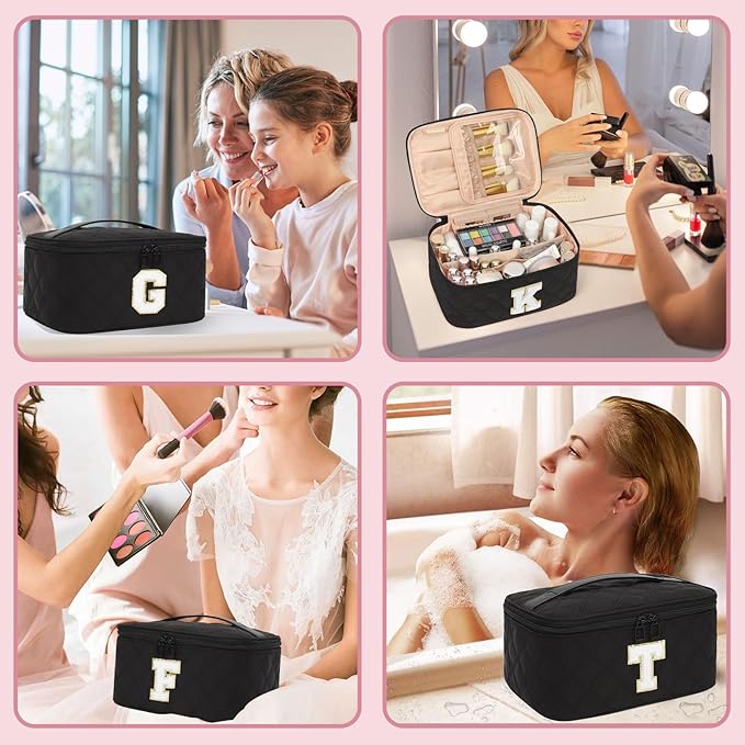 OCHEAL Makeup Bag Valentines Day Gifts for Women, Monogram Cosmetic Bag Black Travel Makeup Case Beauty Toiletry Bag Organizer Personalized Gifts for Girls Bridesmaid, Sister, Wife, Friends Initial M