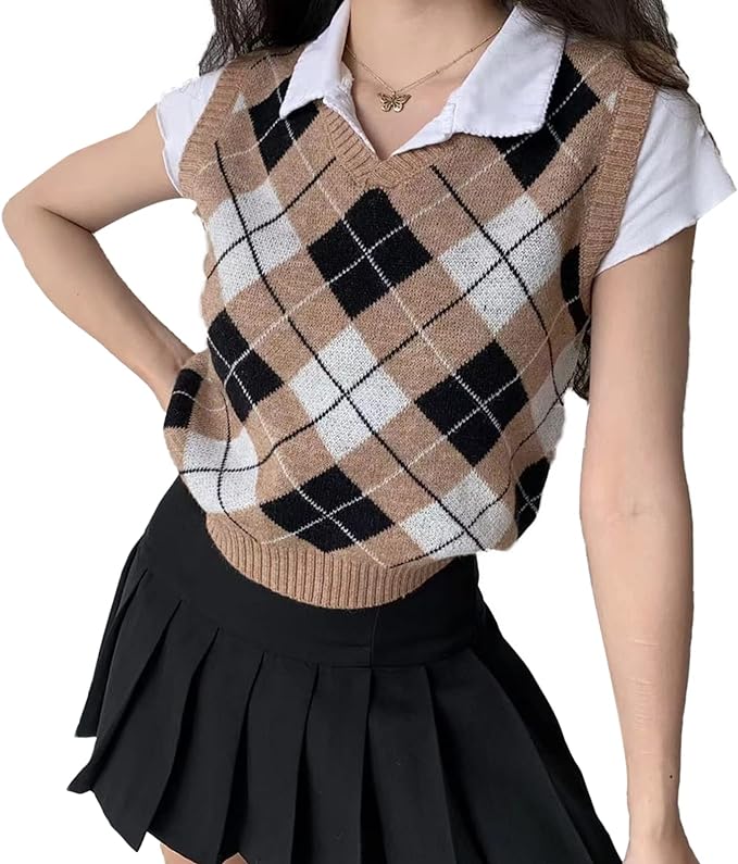 Women's Sweater Vest,Y2K Sleeveless Pattern Preppy Style Knitted Crop Tank Top for Girl