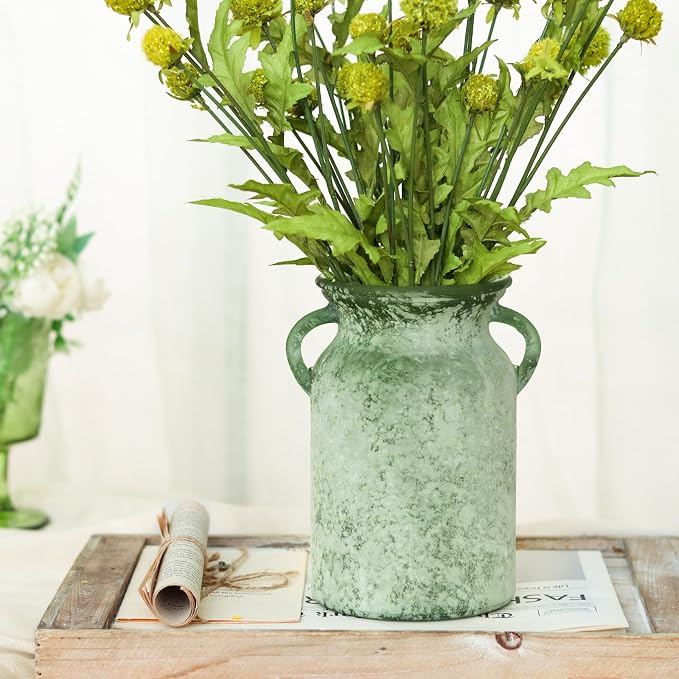 SHMILMH Glass Flower Vase with Handle – 8 Inches Rustic Imitation Ceramic Vase for Flowers, Vintage White Green Centerpiece Decor for Farmhouse, Modern Home, Table & Holiday Decorations