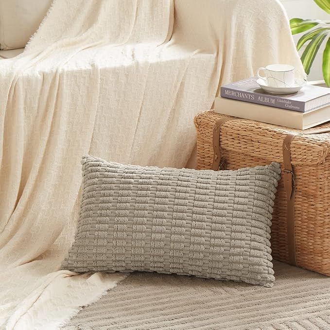 Fancy Homi Decorative Throw Pillow Covers for Bed Couch Bedroom Bench, Soft Corduroy Solid Pillow Case, Rustic Farmhouse Boho Room Decor,24" x 14" (Pack of 1),Taupe