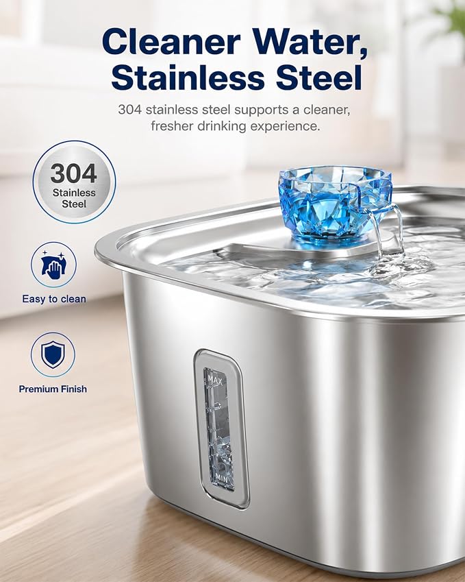 PETNF 2.1-Gallon Stainless Steel Dog Water Fountain for Large Dogs, Dog Water Bowl Dispenser with 4 Filters, Visible Water Window, Quiet Pump & LED Low-Water Indicator