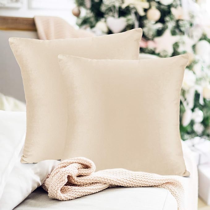 Throw Pillow Inserts Pack of 2 with Velvet Soft Solid Decorative Square Throw Pillow Covers Set for Sofa Couch Car Bedroom, 12X20 Throw Pillows Inserts with 12x18 Washable Cushion Covers, Beige Cream