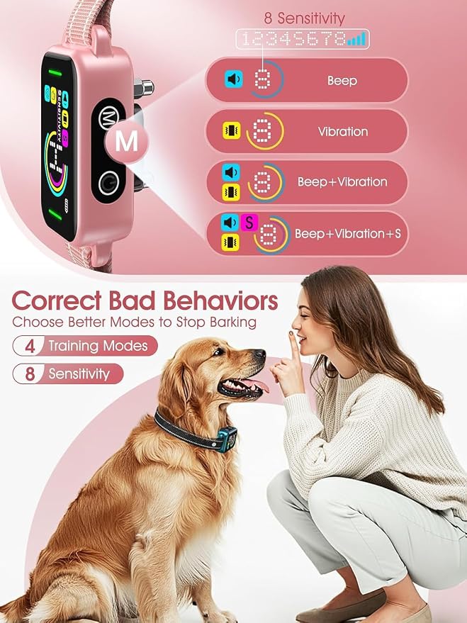 DINJOO Bark Collar for Large Medium Small Dogs - Smart AI 1S Stop Barking, Anti Barking Device & Dog Training Collar with Beep, Vibration & 8-Level Sensitivity, IP67 Waterproof - Pastel Pink