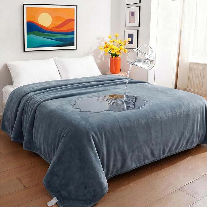 Sunheir Waterproof Blanket for Bed, Reversible Soft Flannel Twin Bed Blanket 60" x 80", Leakproof Throw Spill-Proof Dog Pet Blanket for Couch Cover, Furniture, Camping, Travel, Grey