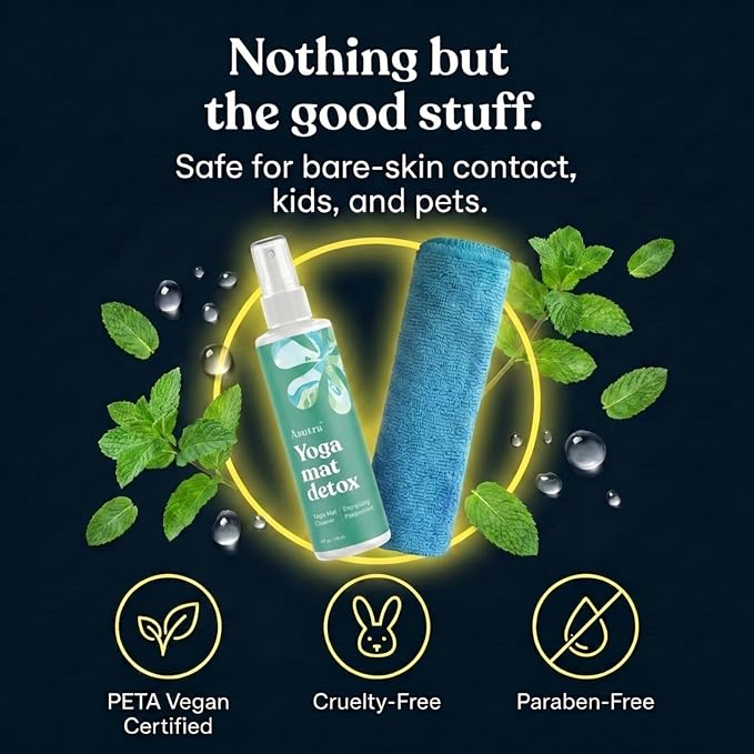 ASUTRA Yoga Mat Cleaner Spray (Energizing Peppermint), 4 fl oz - No Slippery Residue, Organic Essential Oils, Deep-Cleansing for Fitness Gear & Gym Equipment, Microfiber Towel Included