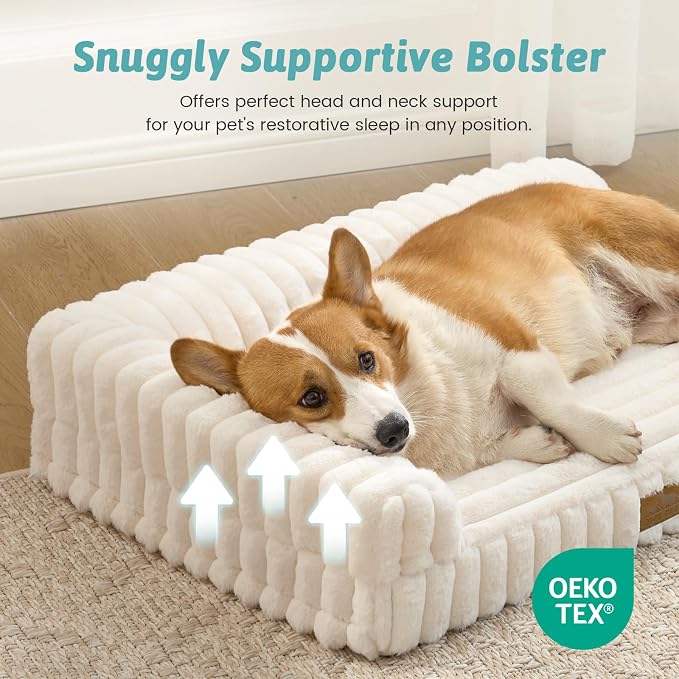 COZY KISS Faux Rabbit Fur Small Dog Bed – 30"x20" Orthopedic Foam Couch with Sides, Removable Washable Cover & Waterproof Lining, Cream