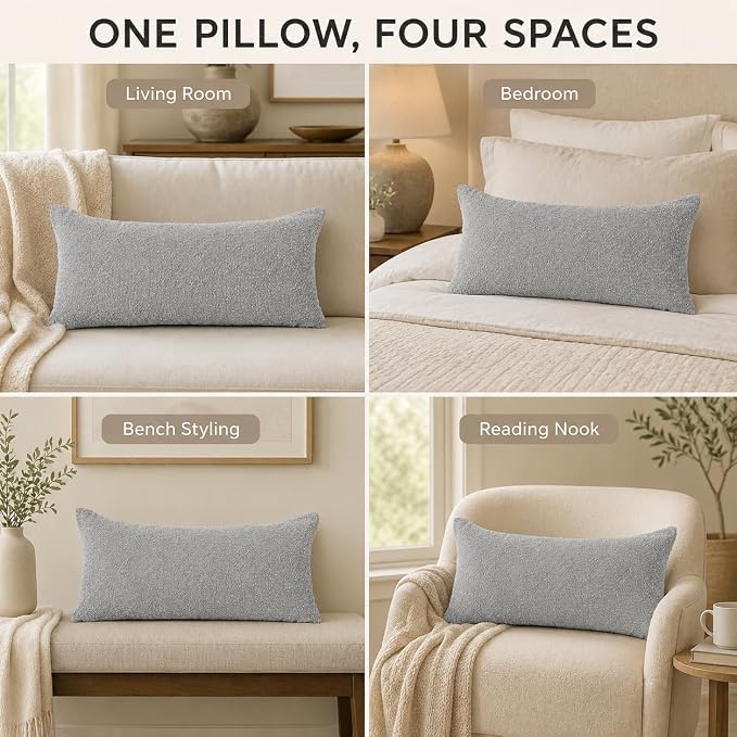 JoraLion 14x24 inch Boucle Lumbar Pillow Cover, Light Gray Woven Texture Neutral Long Pillow Cover Breathable Cushion Case for Couch Sofa Bed Living Room Home Decor (Cover Only)