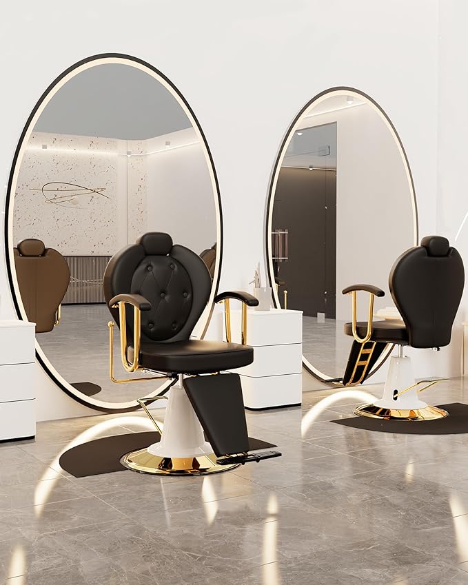 Baasha Comfortable Black & Gold Reclining Salon Chair - 165° All Purpose Hydraulic Barber Chair with Removable Headrest - Heavy Duty Styling Chair for Lash, Facial, Tattoo & Shaving - 440 lbs Cap.
