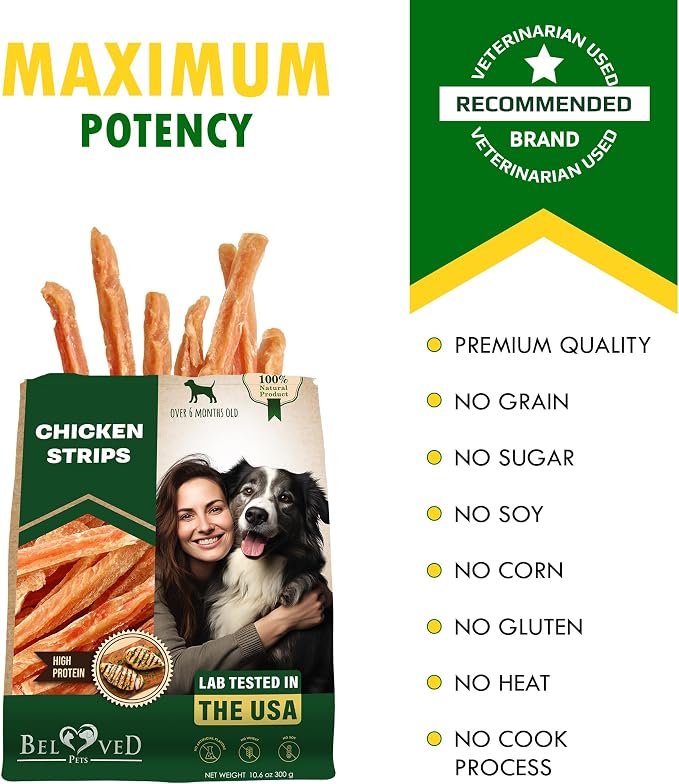 Beloved Pets Dog Chicken Treats Jerky Strips 10.6 oz - Human Grade Meat Sticks - Natural Pet Dried Snacks Rawhide - Free - Long Lasting Chews for Large & Small Dogs