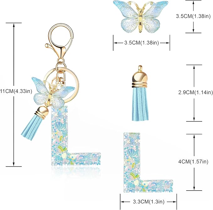 Fashion Alphabet Initial Letter Keychain Tassel Butterfly Pendant Key Ring for Purse Handbags Women Girl