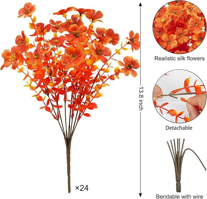 24 Pcs Artificial Fall Flowers for Outdoors, Bright Orange | Lifelike faux mums, silk flower, UV resistant, no-maintenance, for autumn Thanksgiving garden porch yard indoor outdoor decor