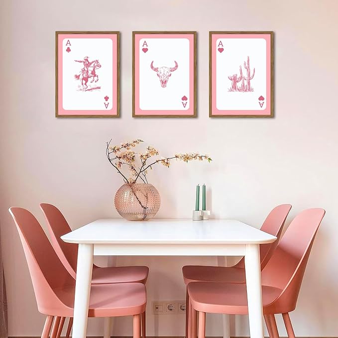 Set of 3 Western Cowgirl Wall Art Pink Bull Skull Wall Decor Painting Southwestern Playing Card Poster Canvas Prints Picture for Bedroom Living Room Wood Framed 12x16 inch