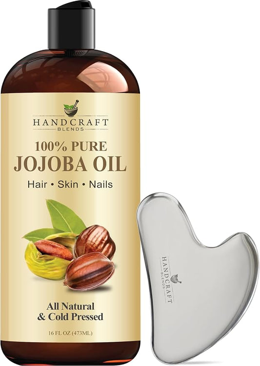 Handcraft Blends Jojoba Oil | with Stainless Steel Gua Sha | Ayurvedic Skin Care | Premium Grade Carrier Oil | Face | Skin | Hair | Massage | Cold-Pressed | Hexane-Free | 16 Fl Oz