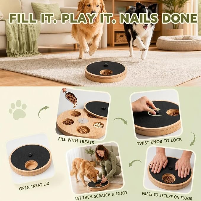 Dog Nail Scratch Board with Treat Box, Dog Scratch Pad for Nails, Rubberwood Adjustable Dog Nail File Toy for Stress-Free Grooming, Treat Scratch Puzzle, Large Size, Natural Wood Color