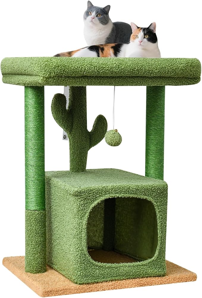 SYANDLVY 27" Cactus Cat Tree for Indoor Cats, Green Modern Activity Tower | Scratching Posts, Kitten Condo with Plush Perch & Hanging Ball for Play