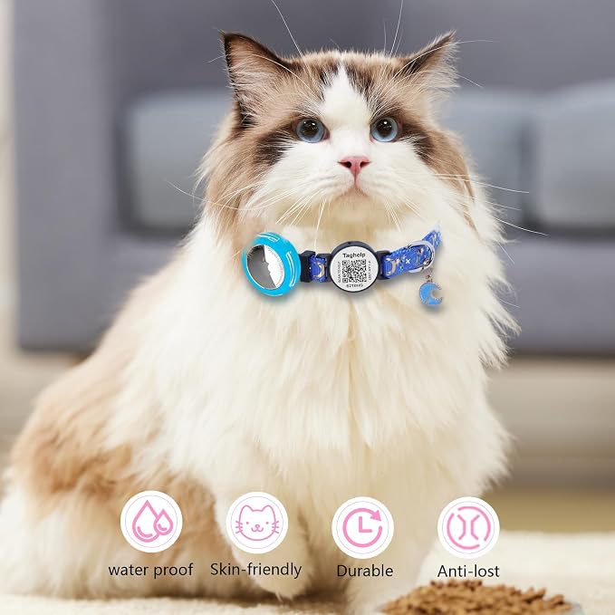 2 Pack Airtag Cat Collar, Breakaway Cat Airtag with Smart ID tag & QR Code Reflective (Moon Stars - Black & Pink, with Integrated AirTag Holder)