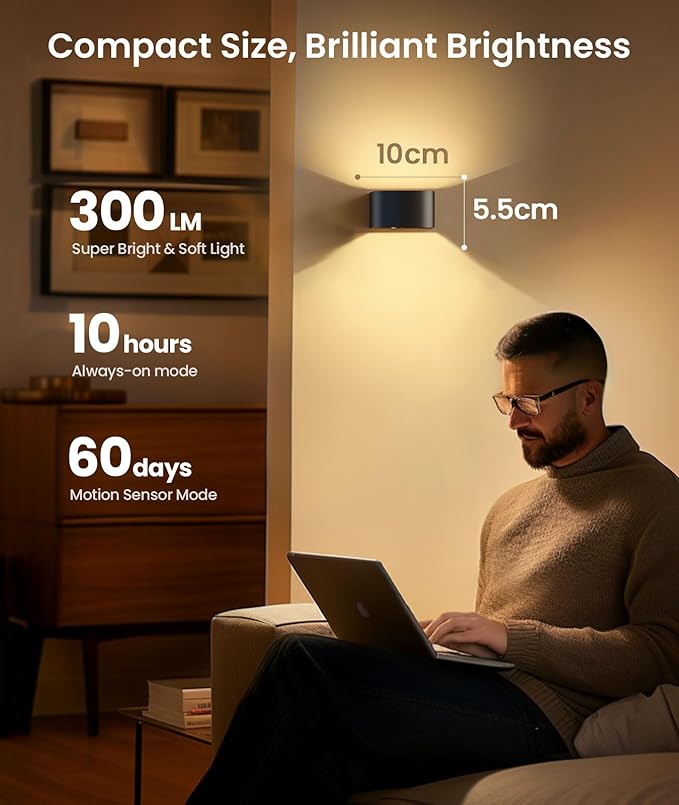 FULEN Motion Sensor Wall Light with Remote Control 3 Colors Wireless Wall Lamp LED Indoor Up and Down Wall Sconce 5000mAh Rechargeable Battery Powered Wall Lamps Brightness Adjustable, 2 Pack