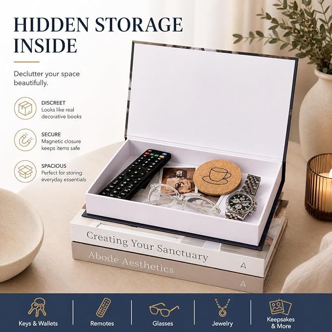 Array & Arrow Decorative Books for Home Decor, Set of 3 Faux Book Storage Boxes with Magnetic Closure, Hidden Storage for Remotes, Keepsakes, Coffee Table, Bookshelf, Living Room Decor