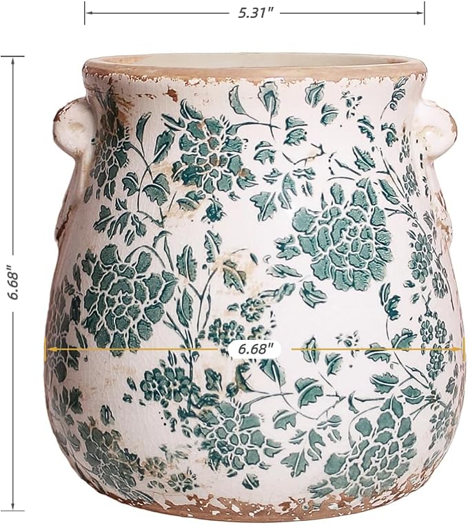 Tuscan Ceramic Planters & Kitchen Utensil Holder, 6.68" Vintage Plant Pots | Flower Pot with Drainage for Indoor/Outdoor, Country Cottage Vase for Home Garden Decor, Gifts for Plant Lovers, Cyan