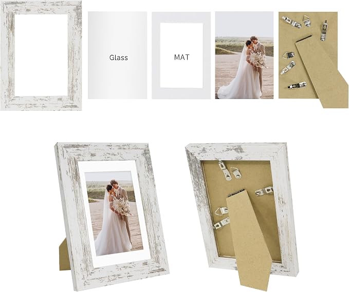 Hongkee 4x6 Picture Frame Set of 4, Made of Real Glass and Distressed White Wooden Frame, 4 by 6 Photo for Wall or Tabletop - Display Picture 3.5x5 with Mat or 4x6 Without Mat