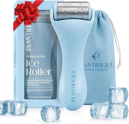 PLANTIFIQUE Facial Ice Roller - Puffiness Cryotherapy Skin Care Massage Tool - Stainless Steel Roller for Men & Women - Metal Massager for Face, Eyes and Body