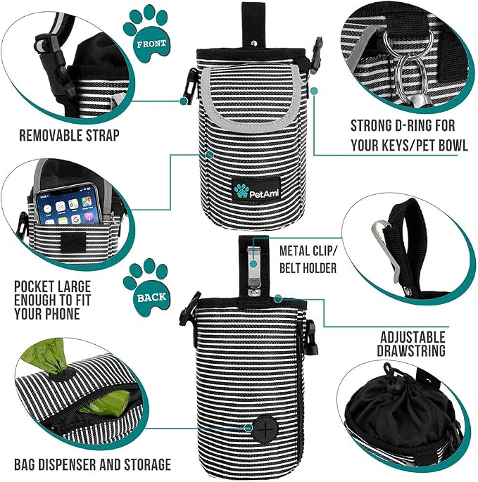 PetAmi Dog Treat Pouch, Large Hands-Free Training Bag, Stripe Black