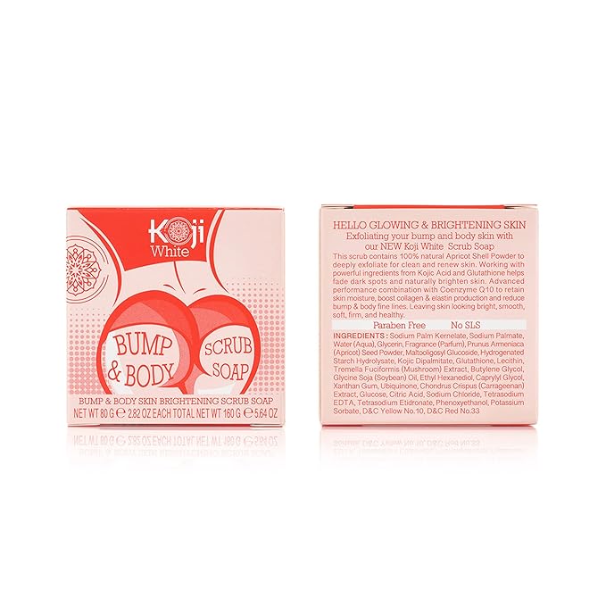 Koji White Kojic Acid Bump Eraser Body Scrub Soap for Exfoliation Butt, Elbow, Underarm with Glutathione, Coenzyme Q10, Skin Brightening for Fade Dark Spots, Fine Lines and Wrinkles, 2.82 oz (2 Bars)