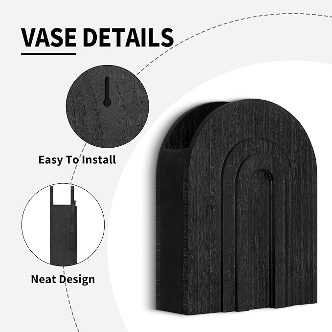 2 Pack Black Wooden Wall Vase for Pampas Grass and Dried Flowers | Wall hanging vase set for faux greenery and eucalyptus; black boho wall decor for bedroom, hallway, entryway or living room