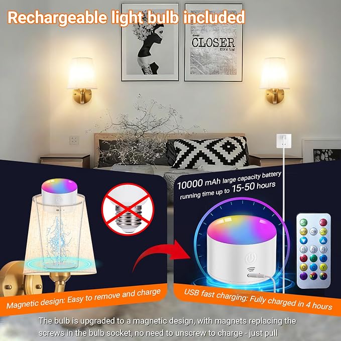 YHCDLAMP Peel and Stick Wall Sconces, No Drilling Stick On Wall Sconce, Wireless Battery Operated Wall Lights, Adhesive Wall Lamp with 10000mAh Battery Bulb for Bedroom Living Room Decor